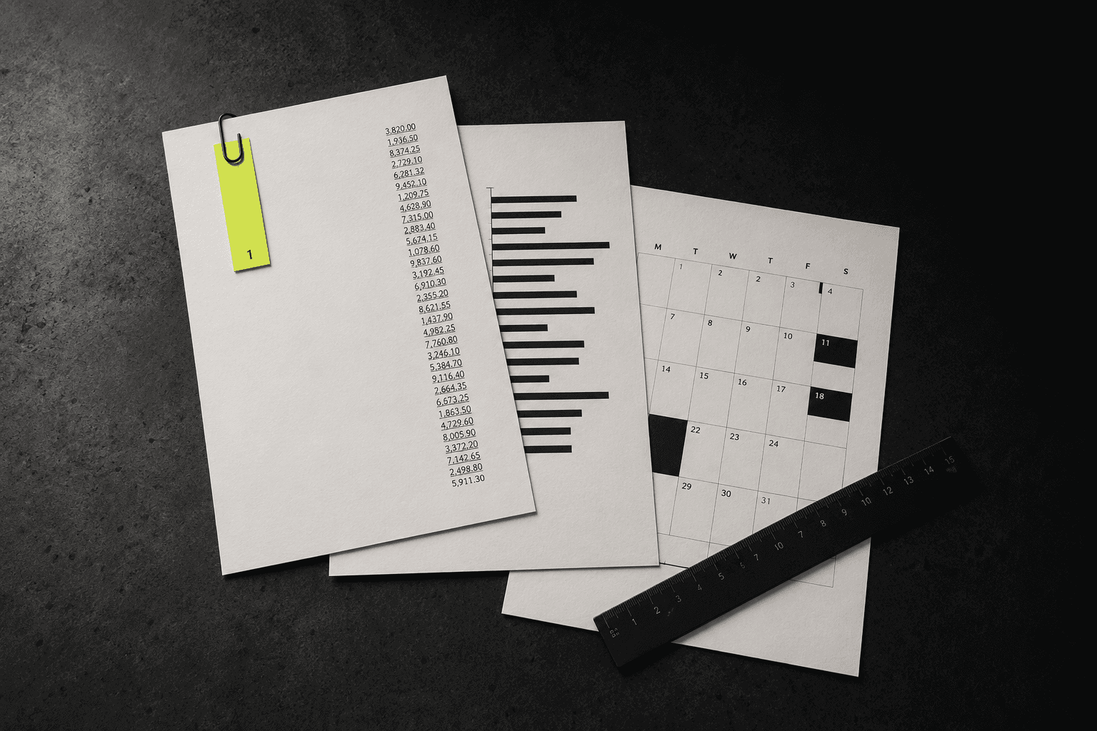 Overlapping printed sheets with sharp ink-black numerals and minimal charts on dark concrete, lime tag clipped to the top sheet