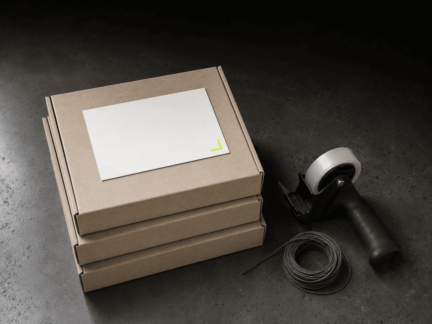 Stack of unmarked cardboard mailers and a matte black tape gun on dark concrete with a lime corner mark
