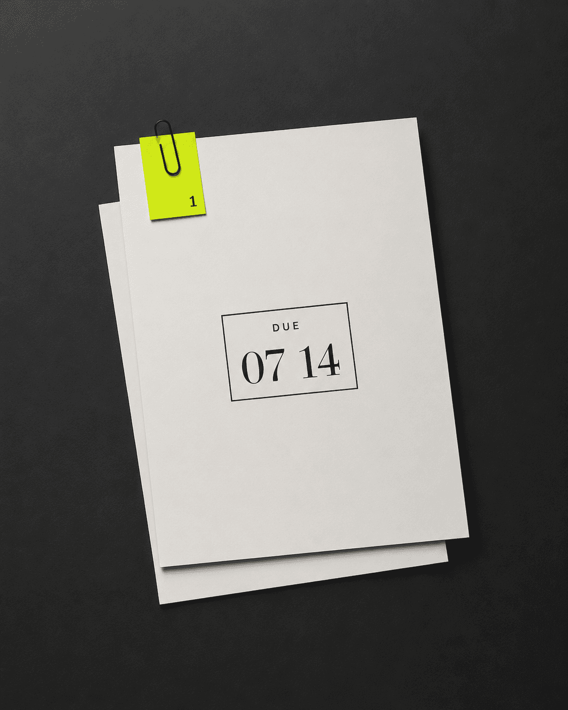 Cardstock sheet with a printed DUE date block and a lime paper tag clipped to the corner