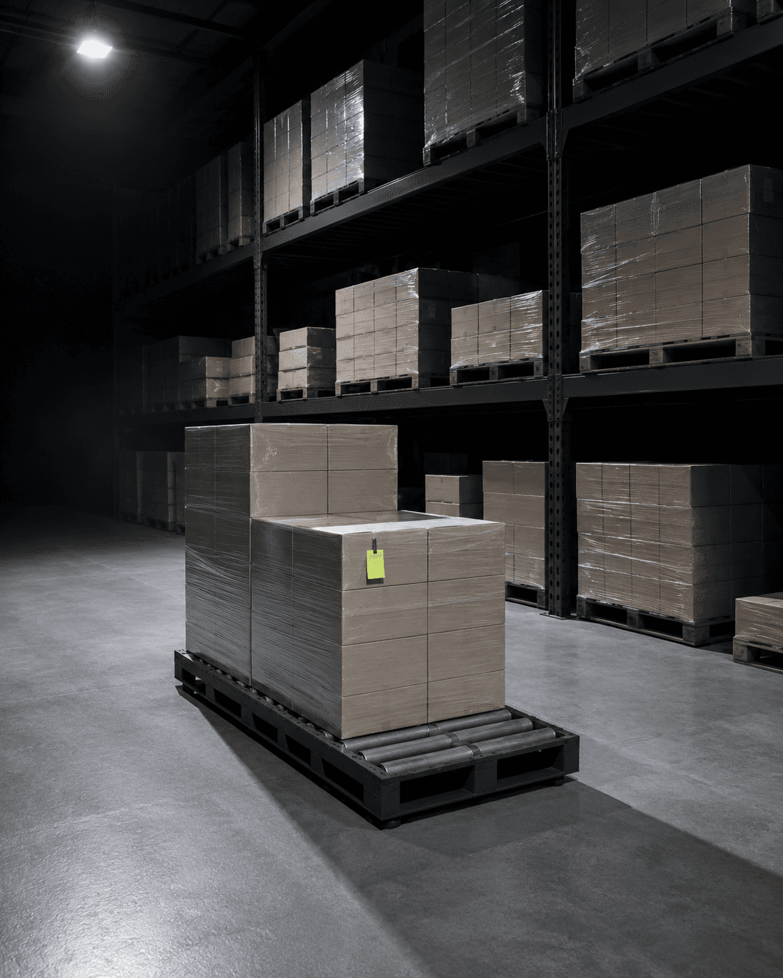 Modern logistics warehouse interior at blue hour, stacked cardboard boxes on a roller pallet, no people